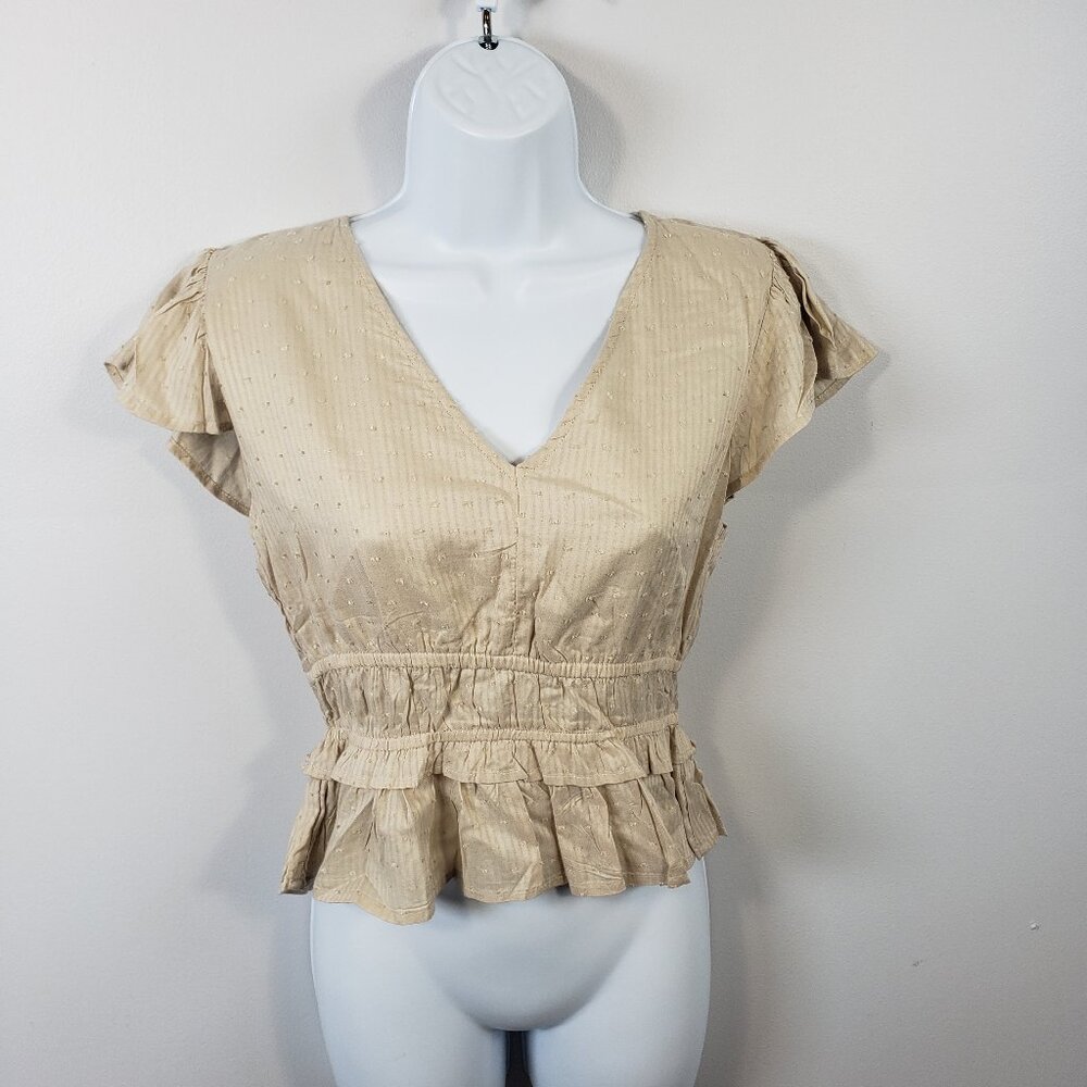 NEW Sim & Sam Crop Top Womens Cream Tan Flutter Sleeve Cropped Boho Size M /B17